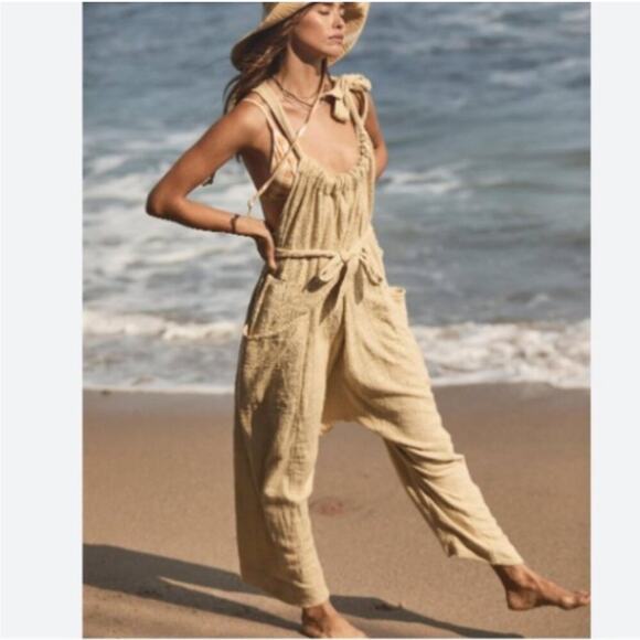 Free People Cotton Gauze Henriette Sleeveless Tie Waist Wide Leg Jumpsuit M - Picture 5 of 14